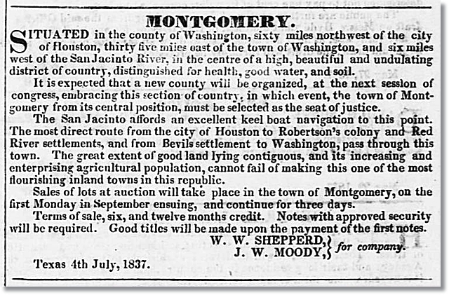 Advertisement for the Town of Montgomery - J. W. Moody "for company"
